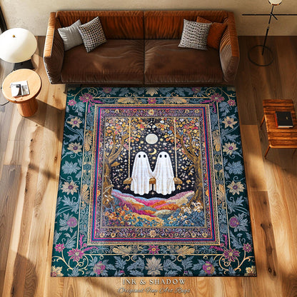 Moody Moonlit Forest Swing Ghost Rug | Celestial Lovers Area Rug Gothic Cottagecore Decor Witchy Accent Witchcore Fairytale Autumn Aesthetic