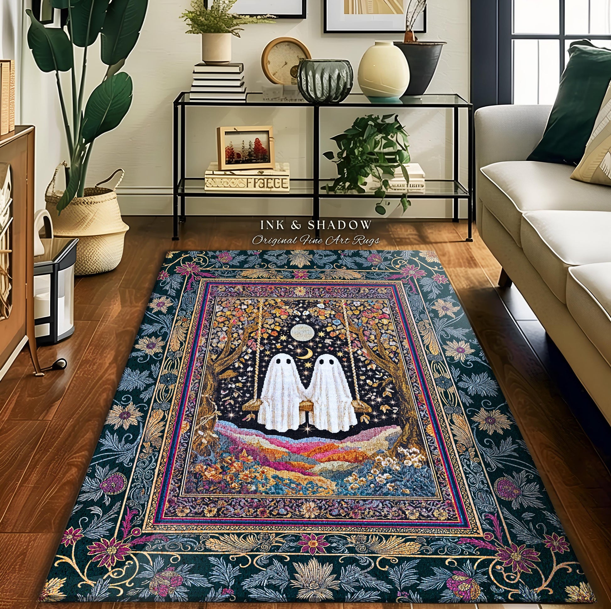 Moody Moonlit Forest Swing Ghost Rug | Celestial Lovers Area Rug Gothic Cottagecore Decor Witchy Accent Witchcore Fairytale Autumn Aesthetic