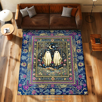 Whimsical Autumn Ghosts Accents Rug | Floral Ornate Bedroom Accent Autumnal Style Whimsigoth Decor Halloween Wallflower Cottagecore Rug Cute