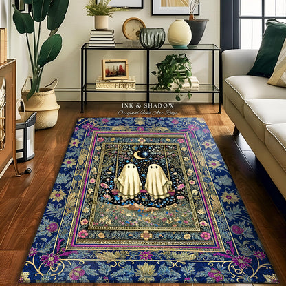 Whimsical Autumn Ghosts Accents Rug | Floral Ornate Bedroom Accent Autumnal Style Whimsigoth Decor Halloween Wallflower Cottagecore Rug Cute