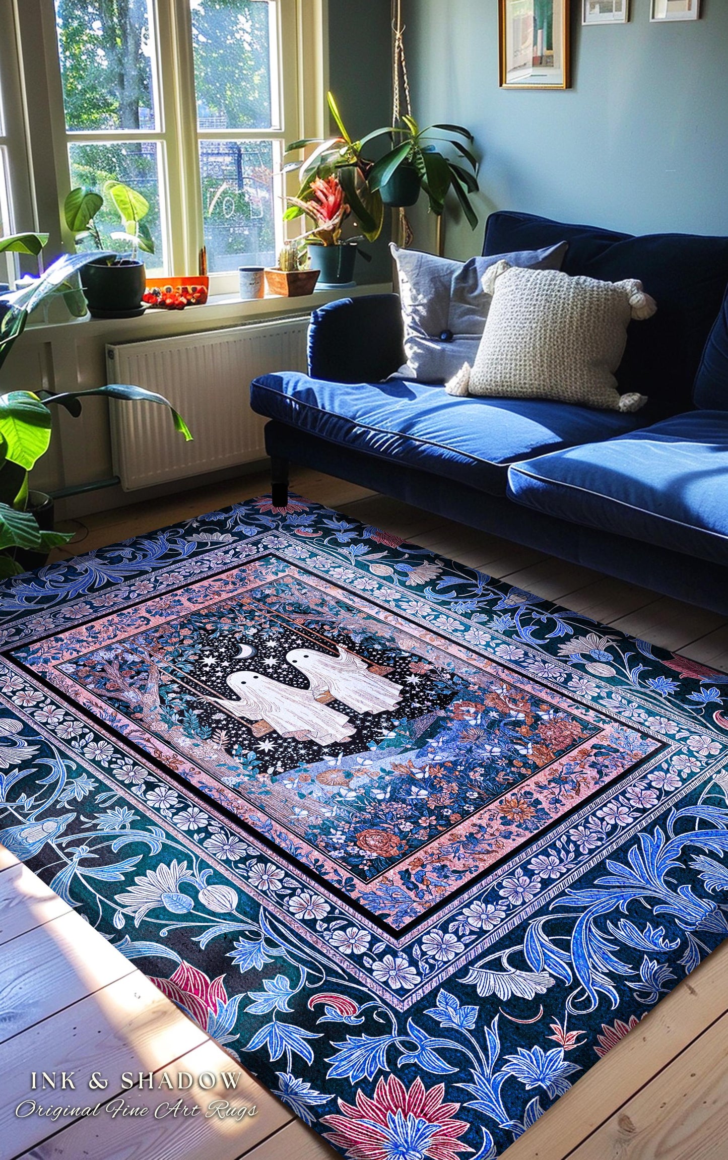 Midnight Magic Ghosts Area Rug | Enchanted Forest Bedroom Moody Accent Pastel Folklore-Inspired Whimsigoth Halloween Style Romantic Decor |