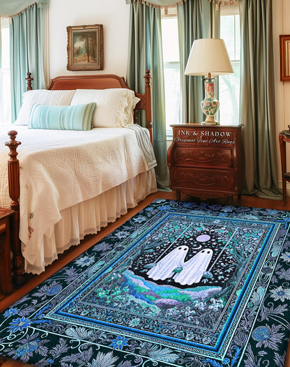 Teal Moonight Witchy Ghost Area Rug | Mystical Forest Bedroom Accent Halloween Decor Folklore-Inspired Floral Gothic Whimsigothic Style Rug