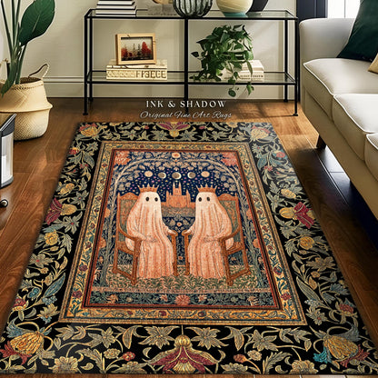 Gothic Celestial Ghost Couple Area Rug | Gothic Decor Dark Academia Style Spooky Cute Haunted Botanical Aesthetic Whimsigoth Witchy Bedroom