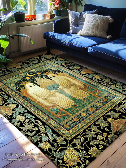 Haunted Royal Spirits Area Rug | Cozy Gothic Ghost Accent Dark Academia Theme Whimsigothic Celestial Sage Green Halloween Decor Spooky Motif