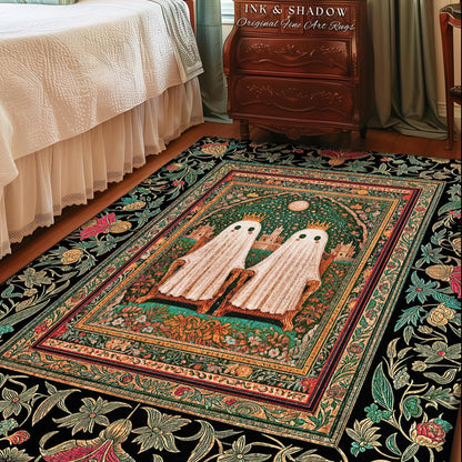Ghostly Boho Couple Area Rug | Cozy Gothic Decor Haunted Forest Aesthetic Halloween Accent Witchy Style Dark Academia Bedroom Whimsigothic |