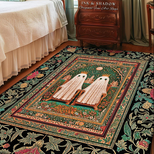 Ghostly Boho Couple Area Rug | Cozy Gothic Decor Haunted Forest Aesthetic Halloween Accent Witchy Style Dark Academia Bedroom Whimsigothic |