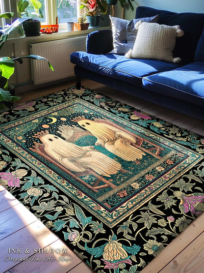 Victorian Gothic Lovers Area Rug | Eclectic Bedroom Dark Academia Style Decor Haunted Forest Theme Halloween Accent Whimsigothic Botanical