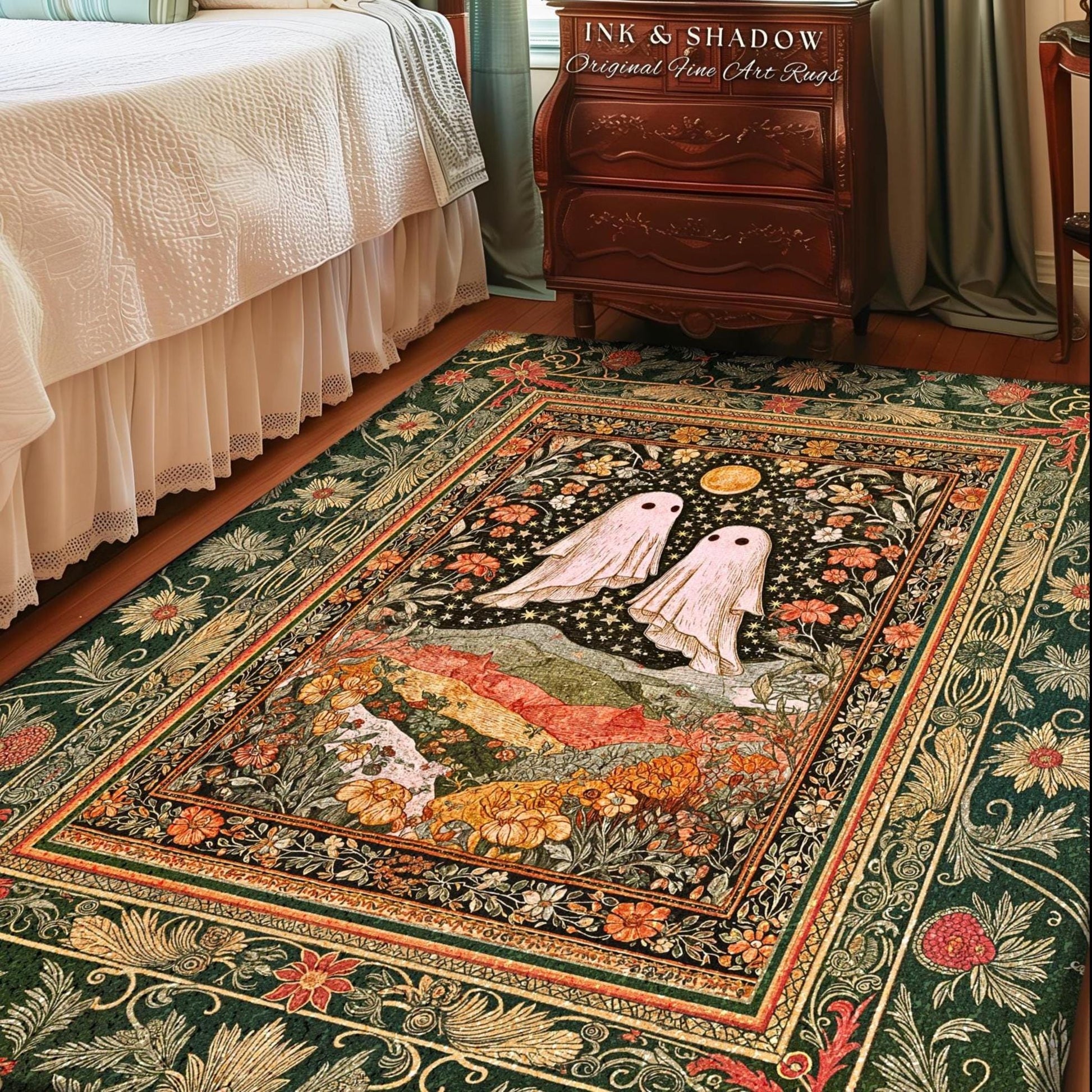 Autumn Pastels Whimsical Ghost Rug | Soft Romantic Halloween Cute Botanical Room Celestial Spirits Cottage Rug Cozy Bedroom Fall Decor Style