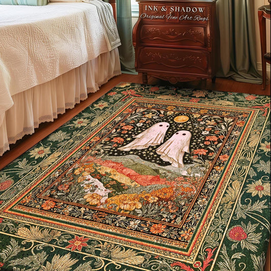 Autumn Pastels Whimsical Ghost Rug | Soft Romantic Halloween Cute Botanical Room Celestial Spirits Cottage Rug Cozy Bedroom Fall Decor Style