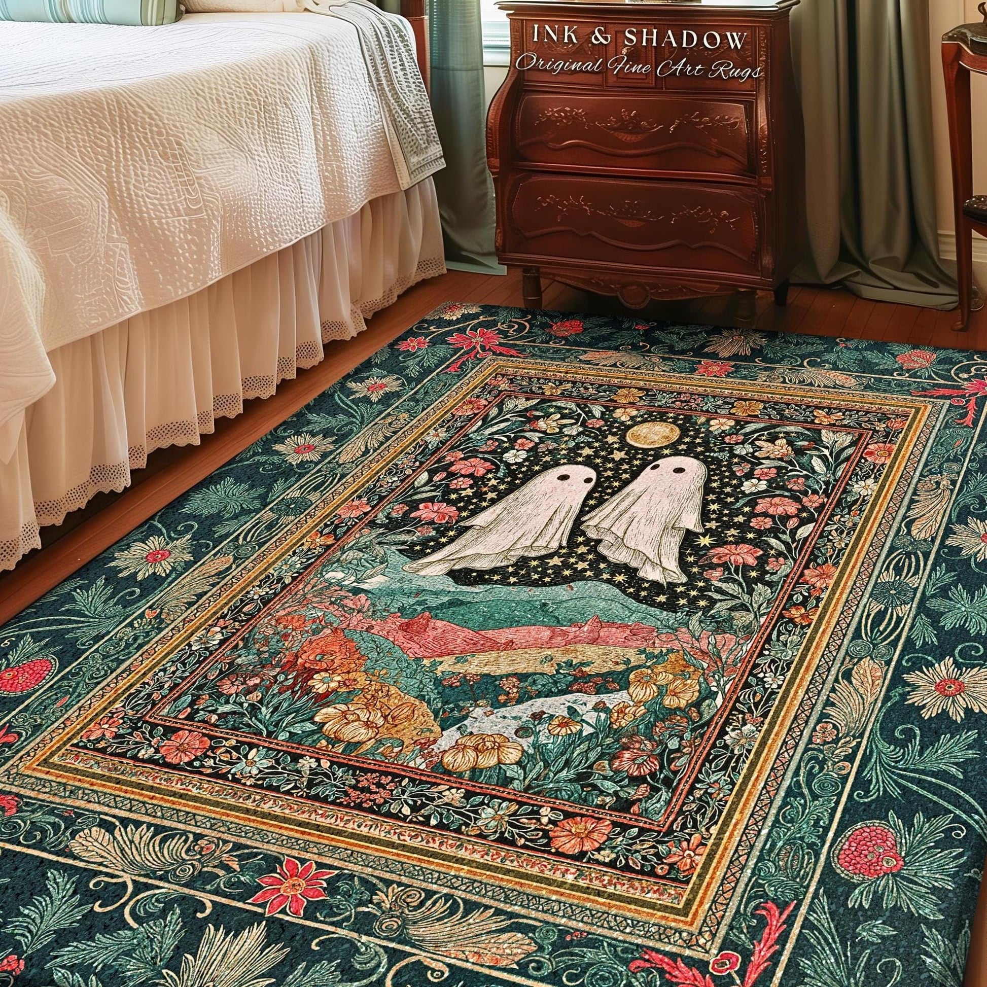 Starlit Garden Ghosts Area Rug | Pastel Whimsical Accent Rug Cozy Fall Decor Cottagecore Magic Carpet Whimsigoth Halloween Style Botanical