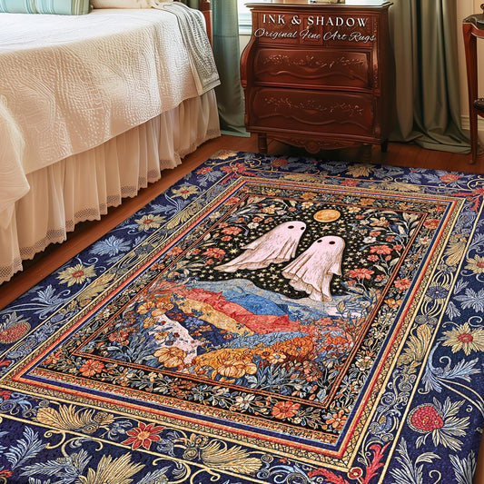 Ornate Cottagegoth Ghosts Accent Rug | Whimsigothic Botanical Romance Halloween Decor Gothic Bedroom Folklore Fairytale Floral Forest Style