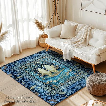 Whimsigothic Ghost Lovers Area Rug | Enchanted Autumn Blues Bedroom Accent Halloween Floral Witchy Style Folklore-Inspired Dark Gothic Rug