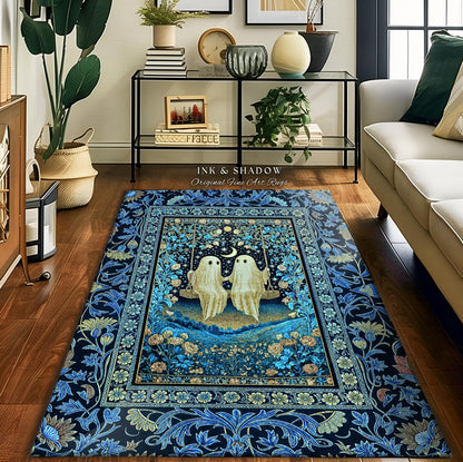 Whimsigothic Ghost Lovers Area Rug | Enchanted Autumn Blues Bedroom Accent Halloween Floral Witchy Style Folklore-Inspired Dark Gothic Rug