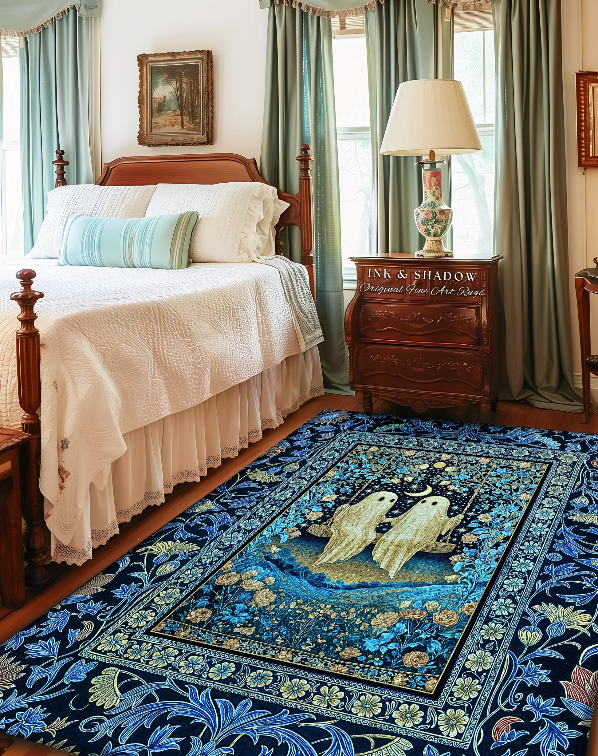 Whimsigothic Ghost Lovers Area Rug | Enchanted Autumn Blues Bedroom Accent Halloween Floral Witchy Style Folklore-Inspired Dark Gothic Rug