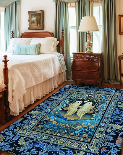 Whimsigothic Ghost Lovers Area Rug | Enchanted Autumn Blues Bedroom Accent Halloween Floral Witchy Style Folklore-Inspired Dark Gothic Rug
