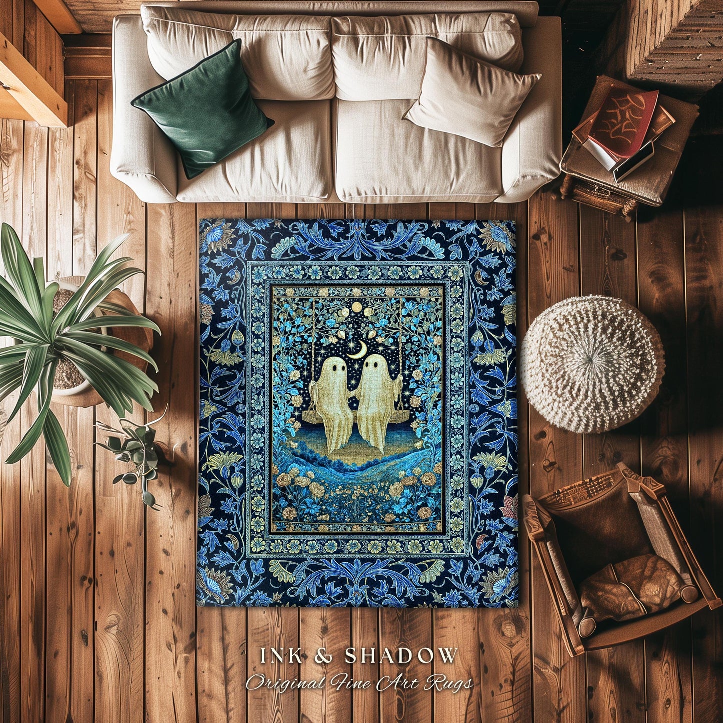 Whimsigothic Ghost Lovers Area Rug | Enchanted Autumn Blues Bedroom Accent Halloween Floral Witchy Style Folklore-Inspired Dark Gothic Rug