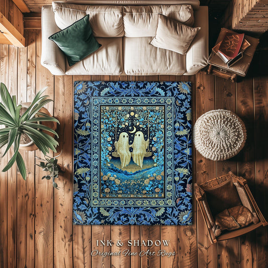 Whimsigothic Ghost Lovers Area Rug | Enchanted Autumn Blues Bedroom Accent Halloween Floral Witchy Style Folklore-Inspired Dark Gothic Rug