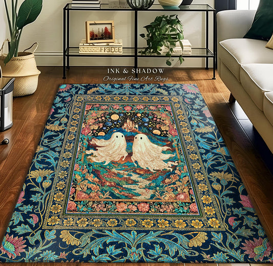 Celestial Cottagecore Ghost Lovers Rug | Cozy Fall Home Accent Dark Academia Halloween Decor Whimsigoth Botanical Witchy Haunted Forest |
