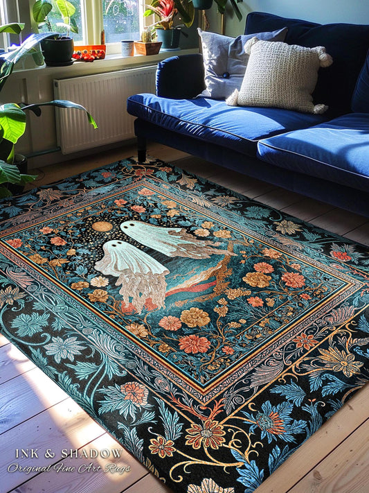 Witchy Whimsical Ghost Couple Area Rug | Gothic Accent Whimsigoth Style Celestial Halloween Home Decor Cottagecore Vibe Fairytale Aesthetic