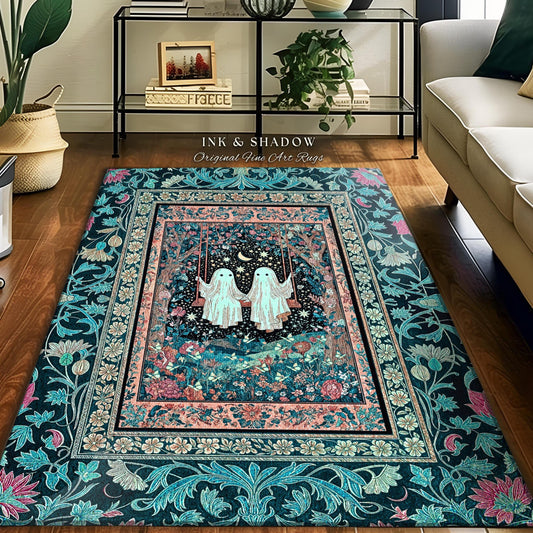 Starlit Ghost Swing Moody Area Rug | Celestial Bedroom Decor Autumn Aesthetic Dark Forest Gothic Accent Witchcore Cottagecore Fairytale Art