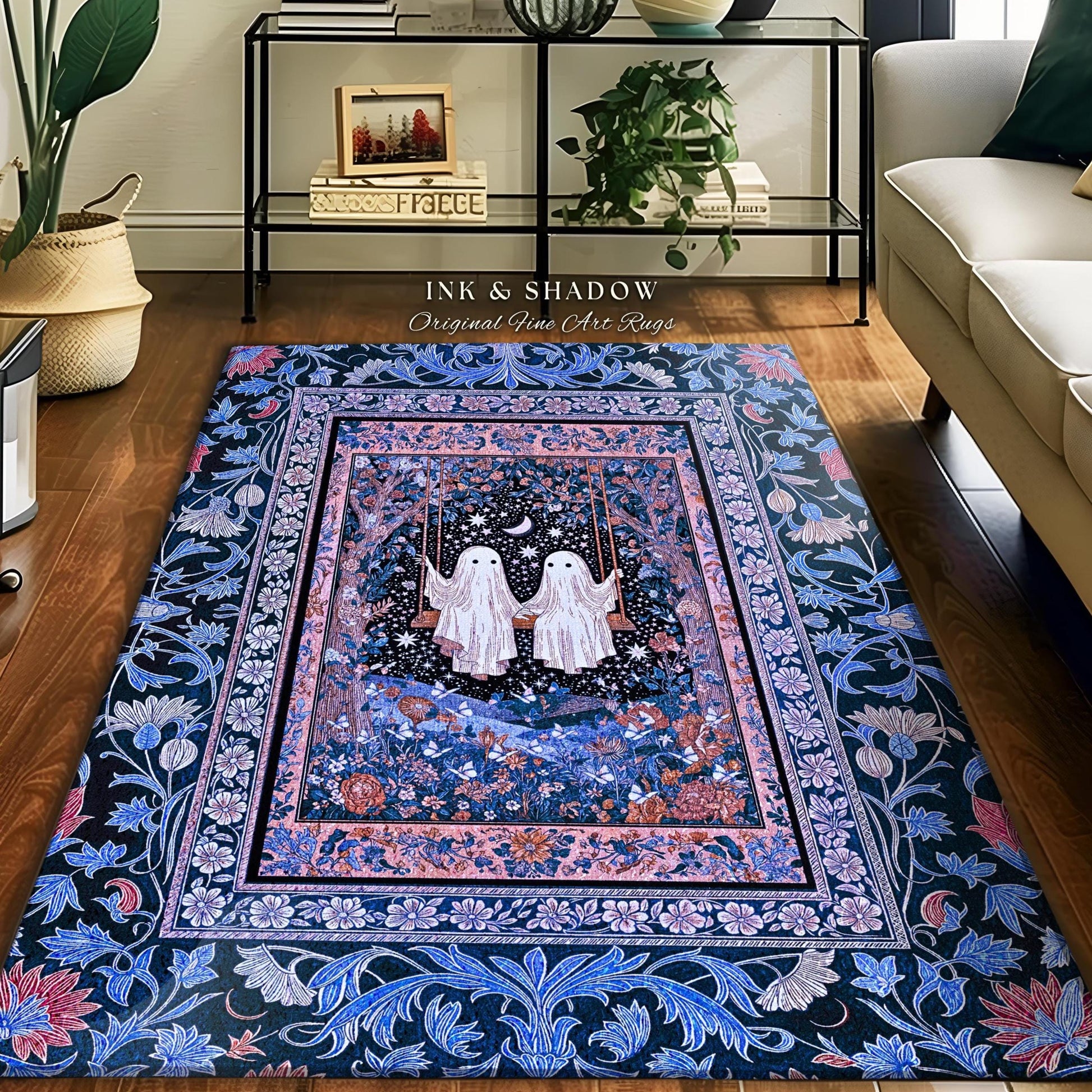 Midnight Magic Ghosts Area Rug | Enchanted Forest Bedroom Moody Accent Pastel Folklore-Inspired Whimsigoth Halloween Style Romantic Decor |