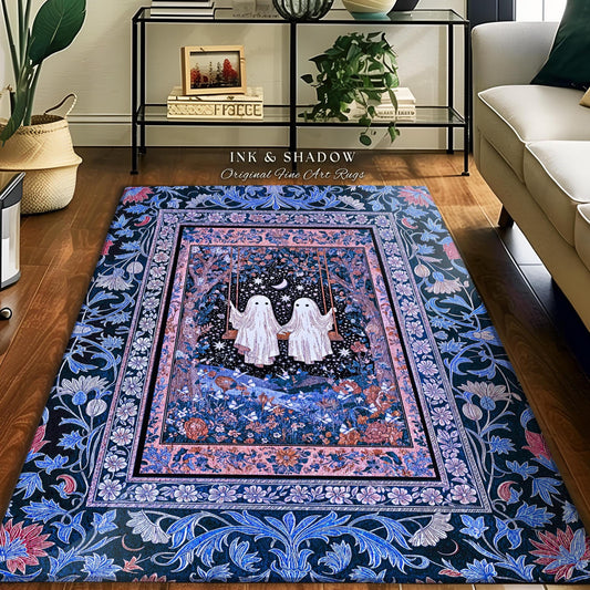 Midnight Magic Ghosts Area Rug | Enchanted Forest Bedroom Moody Accent Pastel Folklore-Inspired Whimsigoth Halloween Style Romantic Decor |
