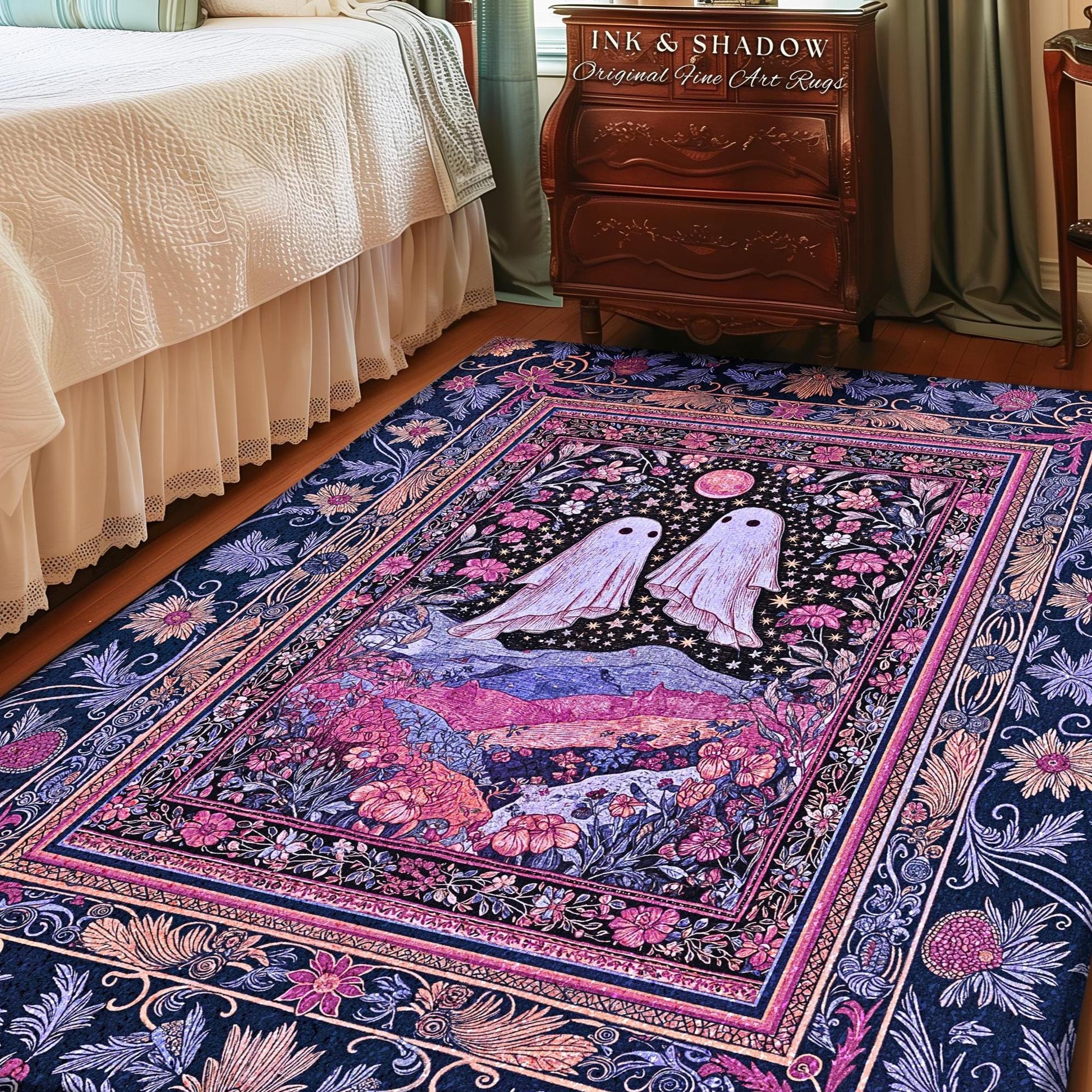Pink & Purple Wildflower Ghost Lovers Rug | Pastel Cottagecore Romantic Bedroom Accent Fairytale Whimsigoth Style Enchanted Botanical Gothic