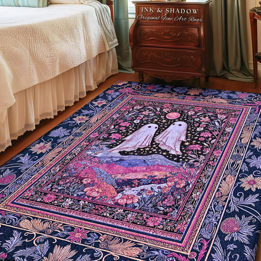 Pink & Purple Wildflower Ghost Lovers Rug | Pastel Cottagecore Romantic Bedroom Accent Fairytale Whimsigoth Style Enchanted Botanical Gothic
