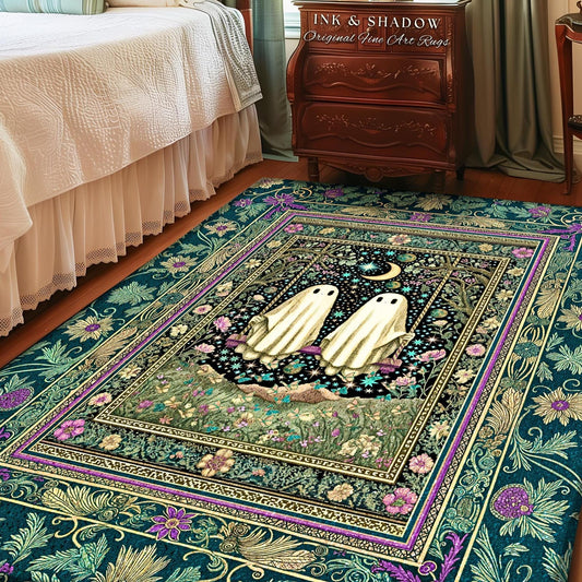 Cute Ghost Friends Area Rug | Moonlit Spirits Floral Forestcore Accent Autumn Gothic Spirit Decor Celestial Botanical Witchcore Aesthetic |