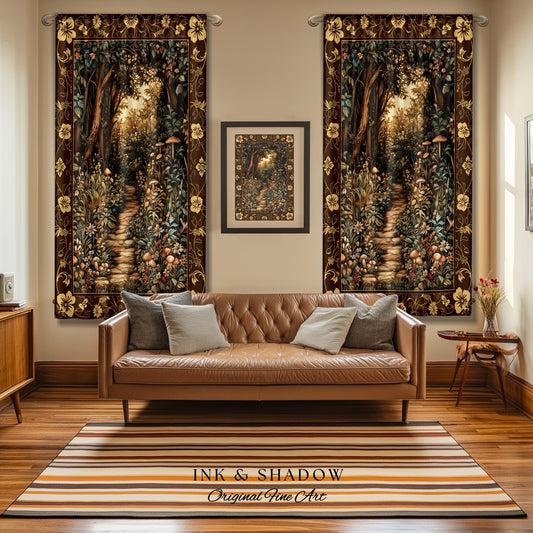 May include: Two brown tapestry wall hangings with a forest path scene. The tapestries are hung on a beige wall above a brown leather couch. The couch has two pillows. A brown rug with orange and white stripes is in front of the couch. The rug has the text 'INK & SHADOW Original Fine Art' printed on it.