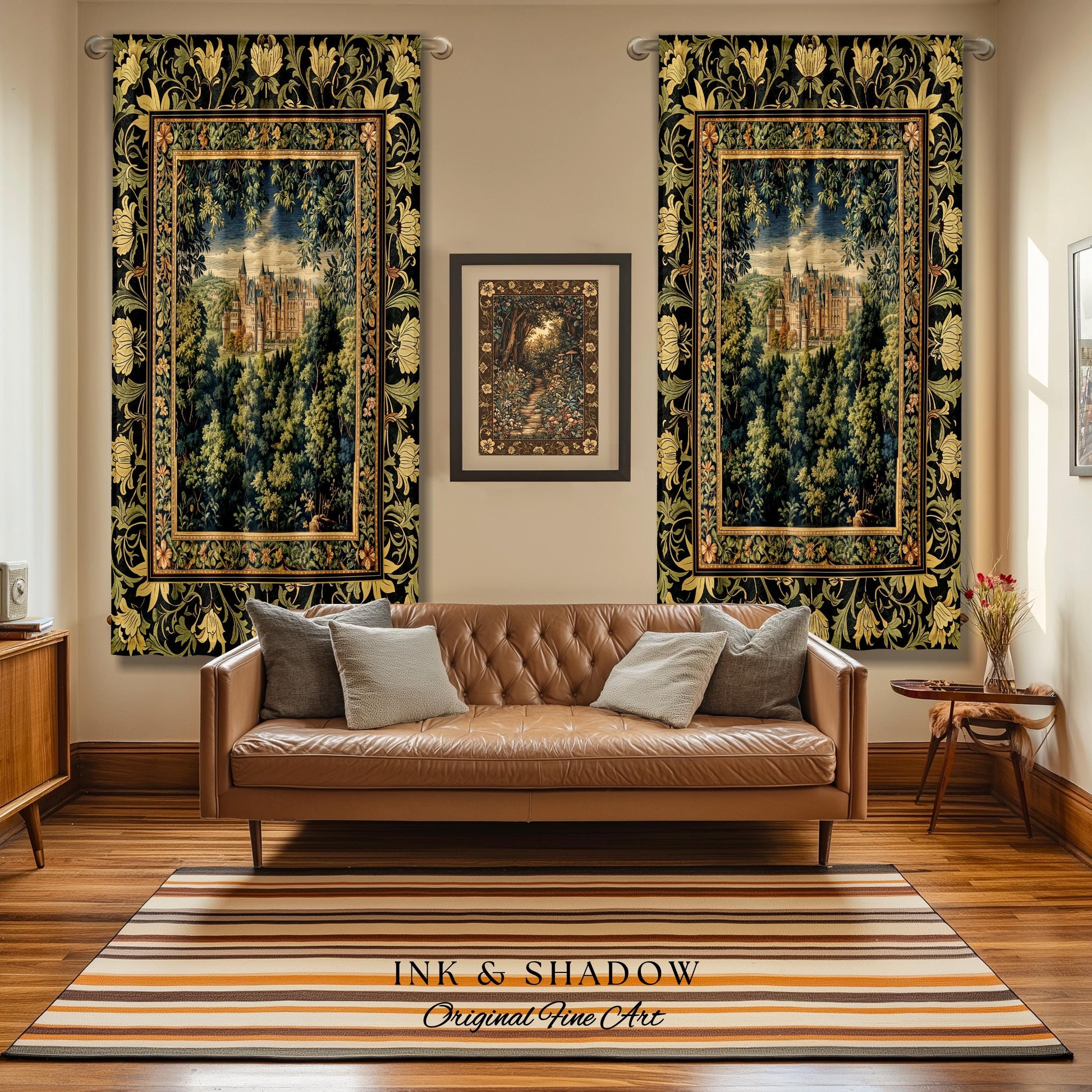 May include: Two tapestry wall hangings with gold frames and black backgrounds. The tapestries depict a castle in a forest setting. The tapestries are hanging on a wall with a brown leather couch in front of them. The couch has two pillows on it. There is a rug with brown and white stripes on the floor in front of the couch. The text 'INK & SHADOW Original Fine Art' is printed on the rug.