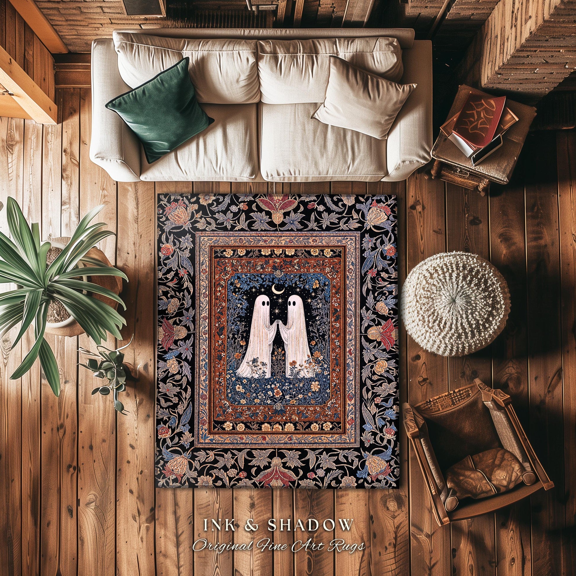 Cute Moonlit Botanical Ghost Area Rug | Whimsical Cottagecore Gothic Bedroom Decor Mystical Fall Accent Witchy Floral Enchanted Aesthetic |