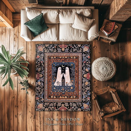 Cute Moonlit Botanical Ghost Area Rug | Whimsical Cottagecore Gothic Bedroom Decor Mystical Fall Accent Witchy Floral Enchanted Aesthetic |