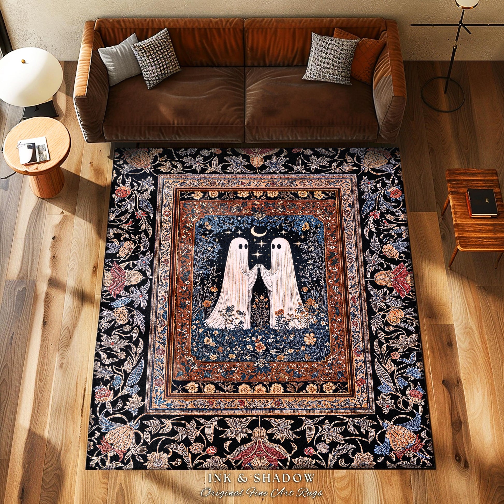 Cute Moonlit Botanical Ghost Area Rug | Whimsical Cottagecore Gothic Bedroom Decor Mystical Fall Accent Witchy Floral Enchanted Aesthetic |