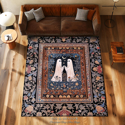 Cute Moonlit Botanical Ghost Area Rug | Whimsical Cottagecore Gothic Bedroom Decor Mystical Fall Accent Witchy Floral Enchanted Aesthetic |
