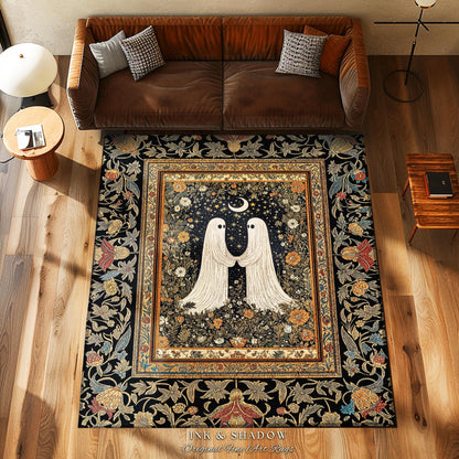 Celestial Starlit Lovers Area Rug | Celestial Cottagecore Halloween Ghost Accent Gothic Bedroom Decor Cozy Dark Floral Whimsigoth Aesthetic