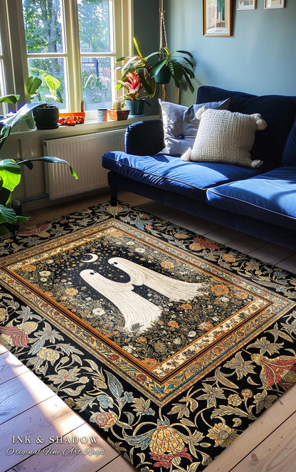 Celestial Starlit Lovers Area Rug | Celestial Cottagecore Halloween Ghost Accent Gothic Bedroom Decor Cozy Dark Floral Whimsigoth Aesthetic