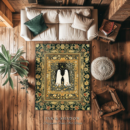 Golden Ornate Floral Ghost Rug | Cottagecore Gothic Decor Cozy Bedroom Accent Whimsical Rug Dark Academia Aesthetic Whimsigoth Home Style |