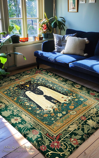 Romantic Cozy Ghost Friends Area Rug | Celestial Cottagecore Witchy Decor Gothic Bedroom Accent Whimsigoth Aesthetic Folklore Inspired Rug |