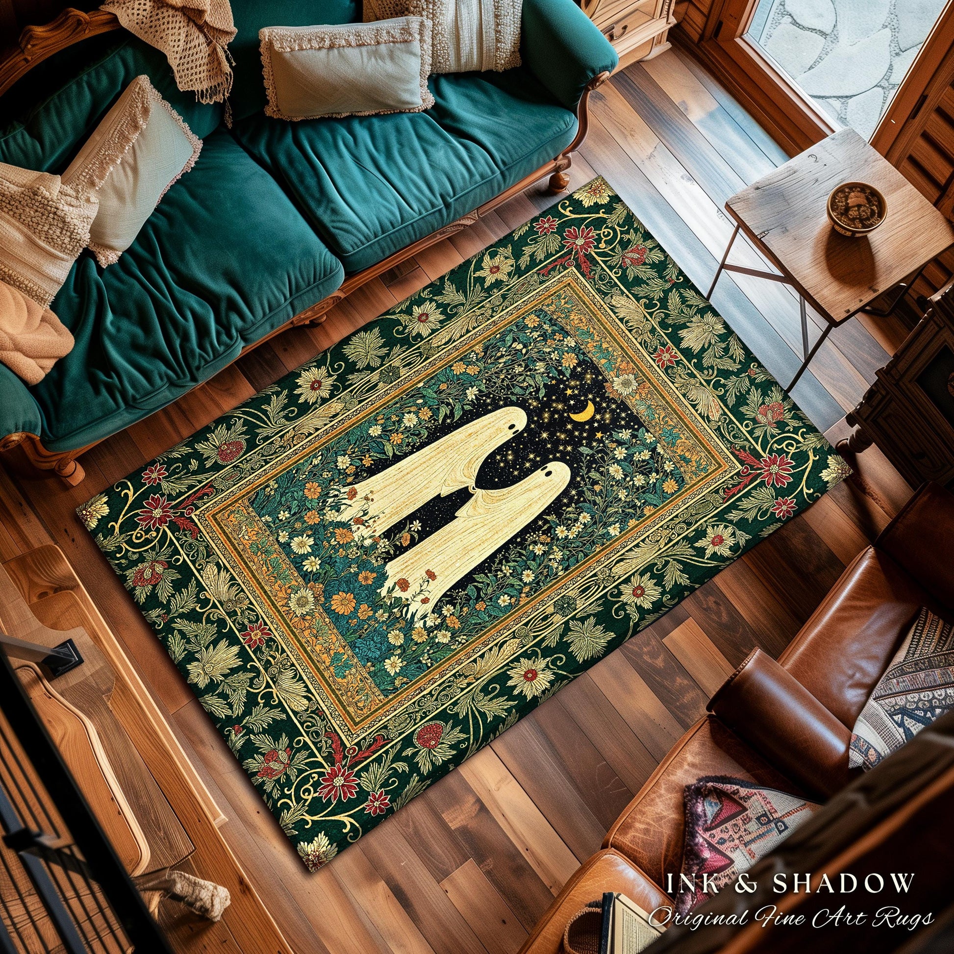 Romantic Cozy Ghost Friends Area Rug | Celestial Cottagecore Witchy Decor Gothic Bedroom Accent Whimsigoth Aesthetic Folklore Inspired Rug |