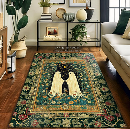 Romantic Cozy Ghost Friends Area Rug | Celestial Cottagecore Witchy Decor Gothic Bedroom Accent Whimsigoth Aesthetic Folklore Inspired Rug |