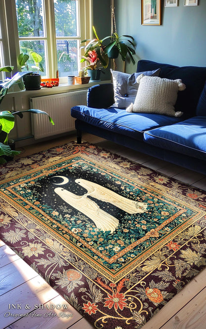 Crescent Moon Garden Ghosts Rug | Whimsical Cottagecore Bedroom Accent Haunted Decor Cozy Floral Whimsigoth Halloween Spirit Dark Academia |