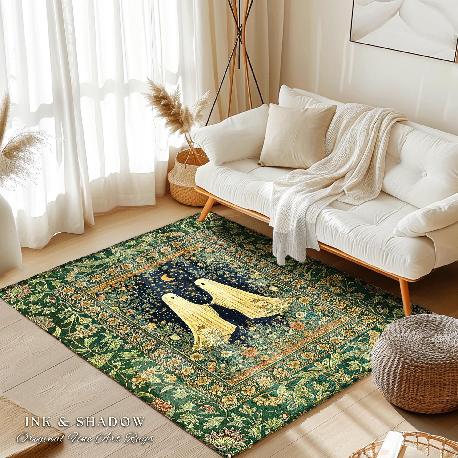 Haunted Meadow Ghost Area Rug | Cozy Cottagecore Bedroom Decor Floral Whimsigoth Cute Halloween Accent Enchanted Spirit Celestial Style Home