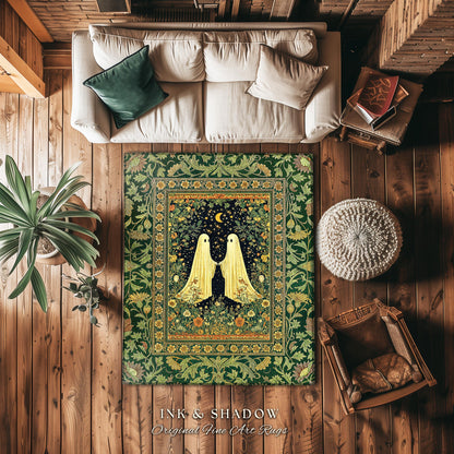 Haunted Meadow Ghost Area Rug | Cozy Cottagecore Bedroom Decor Floral Whimsigoth Cute Halloween Accent Enchanted Spirit Celestial Style Home
