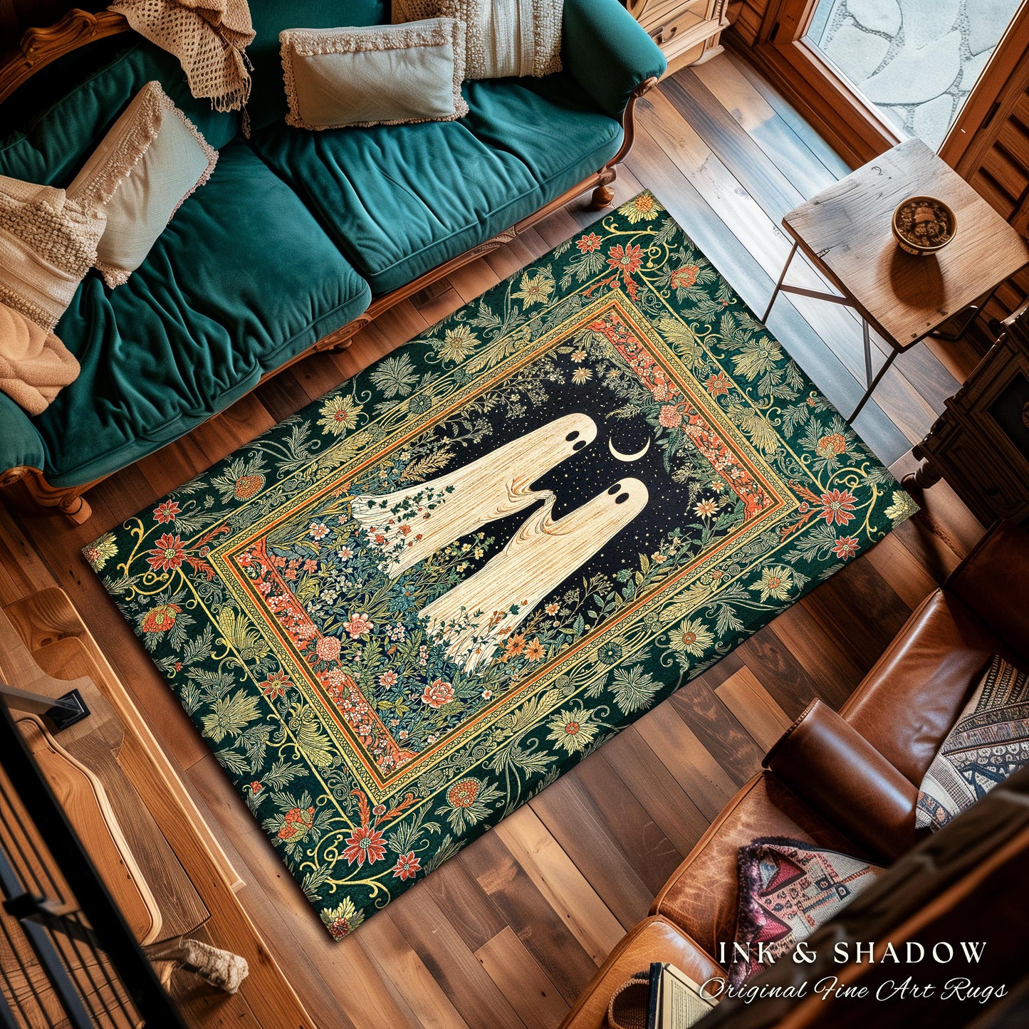 Wildflower Spirits Folklore Area Rug | Scandi Halloween Bedroom Decor Floral Whimsigoth Accent Enchanted Gothic Cozy Celestial Inspired Rug