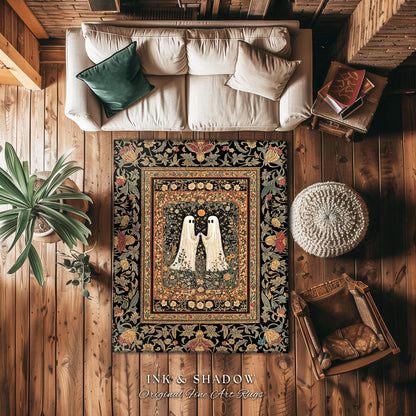 Harvest Moon Floral Ghost Rug | Woodland Halloween Cottagecore Bedroom Decor Whimsigoth Floral Accent Cozy Celestial Spirit Enchanted Gothic