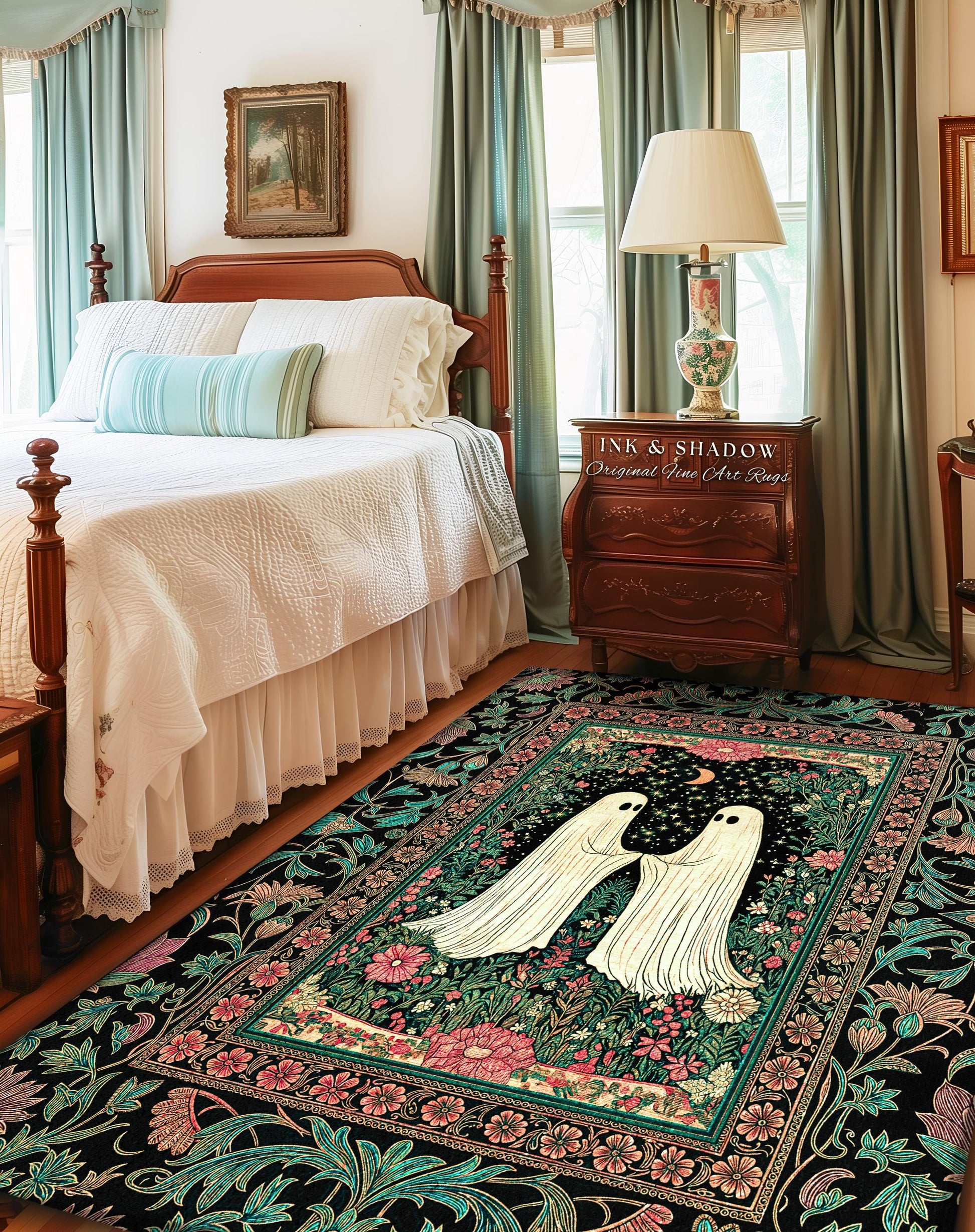 Dreamy Botanical Garden Ghost Rug | Witchy Pastel Cottagecore Bedroom Accent Whimsigoth Decor Cozy Enchanted Celestial Gothic Aesthetic |