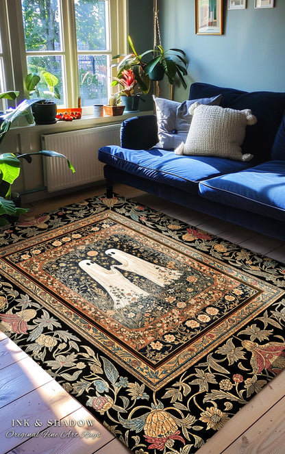 Harvest Moon Floral Ghost Rug | Woodland Halloween Cottagecore Bedroom Decor Whimsigoth Floral Accent Cozy Celestial Spirit Enchanted Gothic