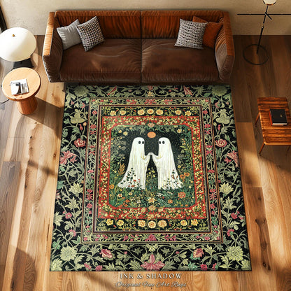 Baroque Haunted Garden Ghost Rug | Elegant Halloween Dark Cottagecore Bedroom Accent Whimsigoth Haunted Cozy Spirit Floral Enchantment Boho