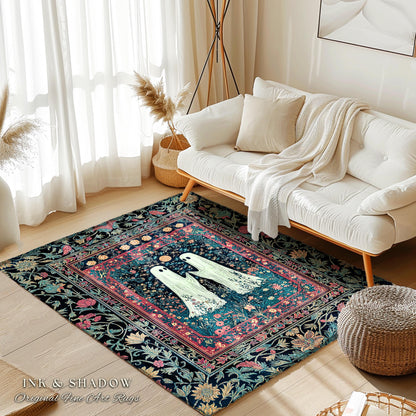 Maximalist Gothic Ghost Area Rug | Moody Whimsigoth Bedroom Decor Cozy Halloween Accent Celestial Floral Gothic Haunted Spirit Enchanted Rug